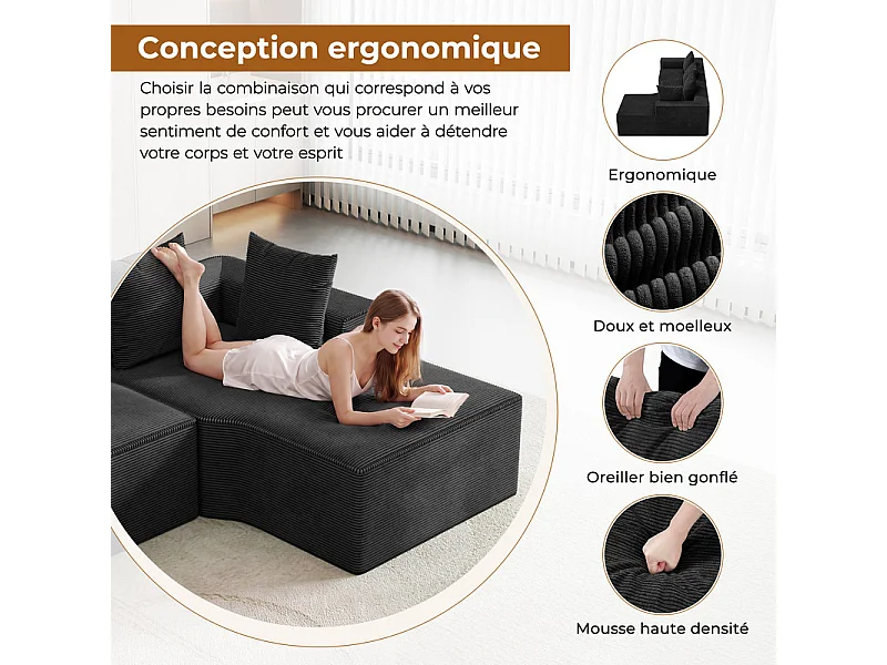 Canapé d'angle droit modulable, velours côtelé, avec 4 oreillers et méridienne, 270x152x59cm, Noir