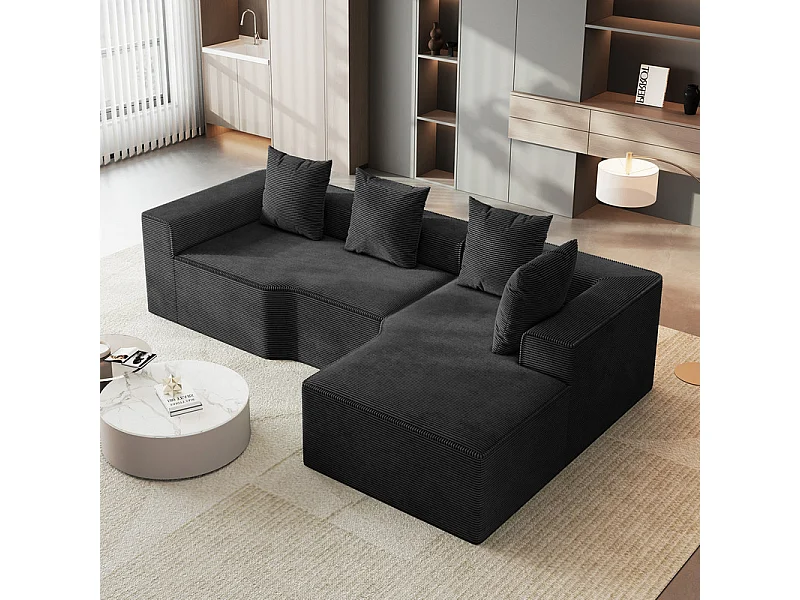 Canapé d'angle droit modulable, velours côtelé, avec 4 oreillers et méridienne, 270x152x59cm, Noir