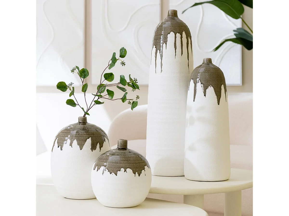 Vase Bouteille en Argile "Olea" 47cm Blanc & Vert