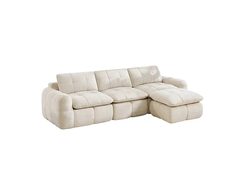 Sofá 3 plazas esquinero modular en tela chenilla, con puf, 264x160x68cm, Beige