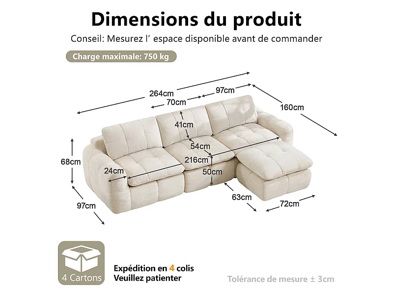 Sofá 3 plazas esquinero modular en tela chenilla, con puf, 264x160x68cm, Beige