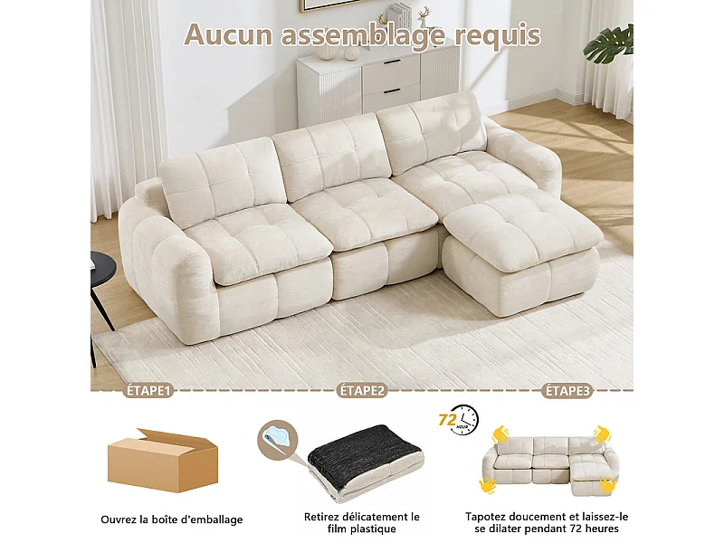 Sofá 3 plazas esquinero modular en tela chenilla, con puf, 264x160x68cm, Beige