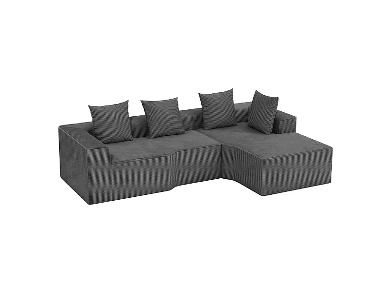 Canapé d'angle droit modulable, velours côtelé, avec 4 oreillers et méridienne, 270x152x59cm, Gris