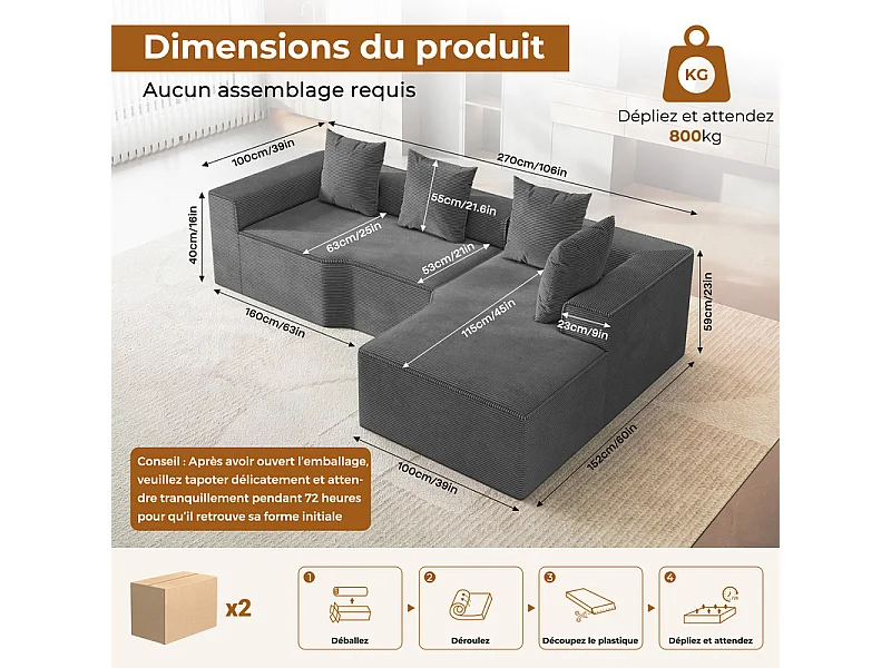 Canapé d'angle droit modulable, velours côtelé, avec 4 oreillers et méridienne, 270x152x59cm, Gris