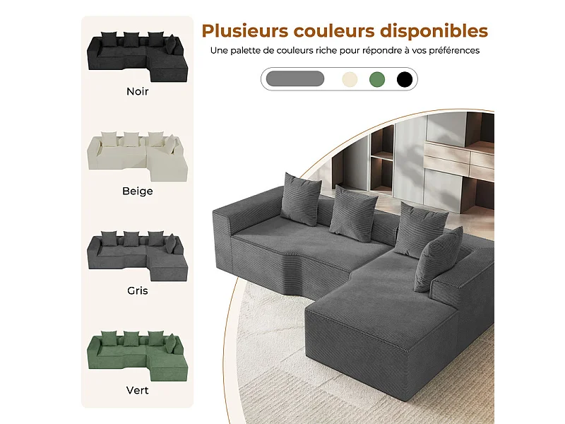 Canapé d'angle droit modulable, velours côtelé, avec 4 oreillers et méridienne, 270x152x59cm, Gris