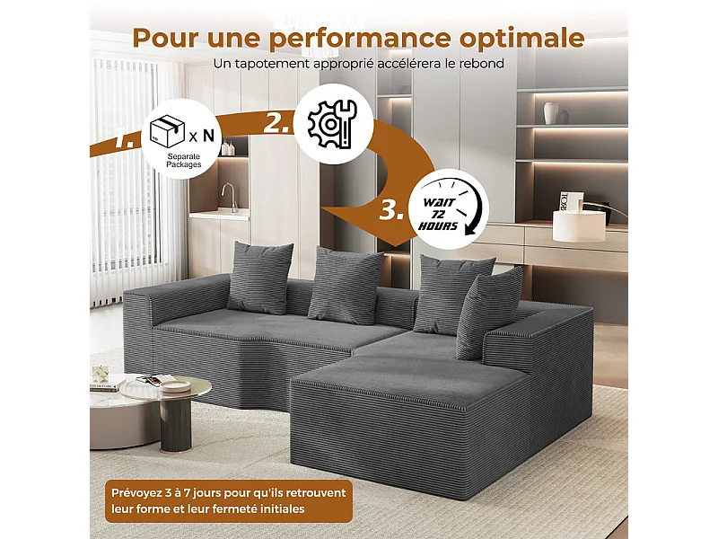 Canapé d'angle droit modulable, velours côtelé, avec 4 oreillers et méridienne, 270x152x59cm, Gris