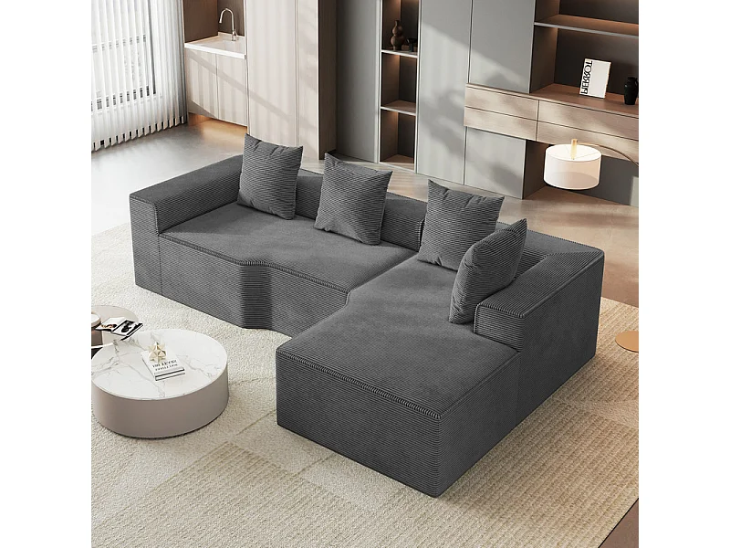Canapé d'angle droit modulable, velours côtelé, avec 4 oreillers et méridienne, 270x152x59cm, Gris