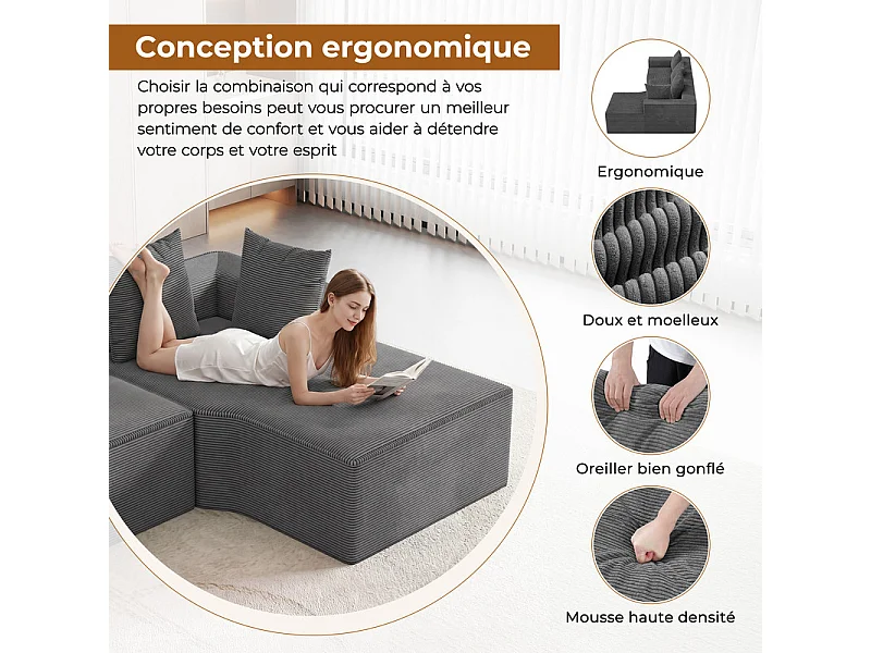 Canapé d'angle droit modulable, velours côtelé, avec 4 oreillers et méridienne, 270x152x59cm, Gris