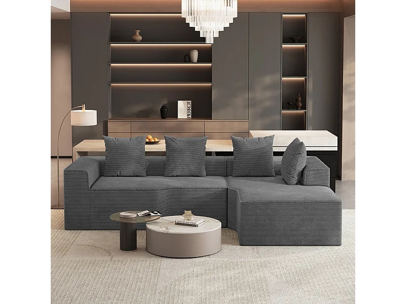 Canapé d'angle droit modulable, velours côtelé, avec 4 oreillers et méridienne, 270x152x59cm, Gris
