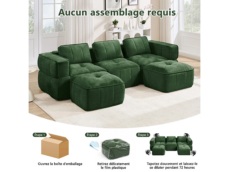 Sofá esquinero panorámico modular en tela, 3 plazas, con 2 puf, 271x162x67cm, Verde