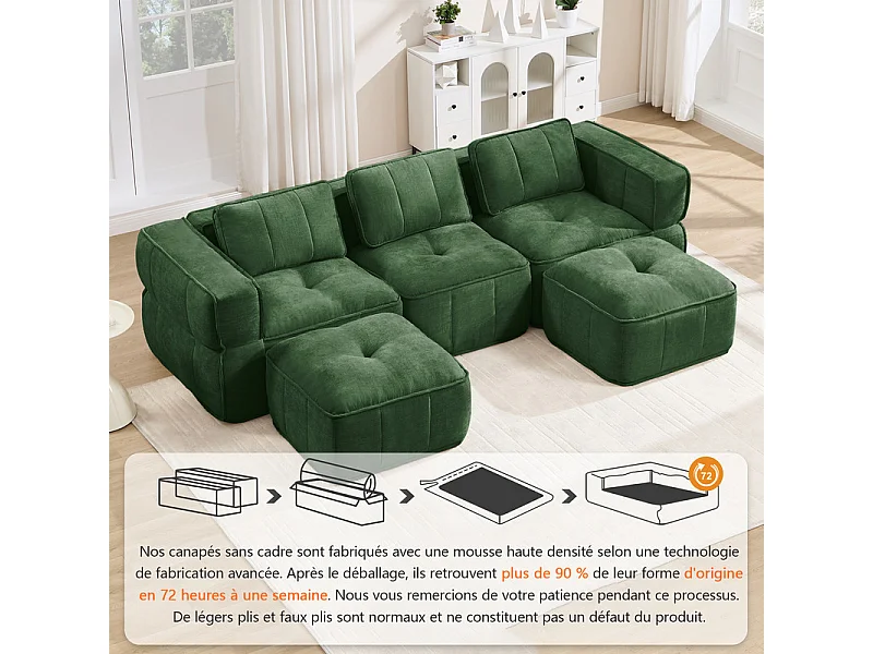 Sofá esquinero panorámico modular en tela, 3 plazas, con 2 puf, 271x162x67cm, Verde