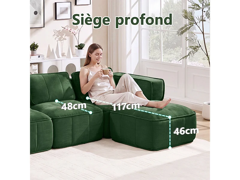 Sofá esquinero panorámico modular en tela, 3 plazas, con 2 puf, 271x162x67cm, Verde