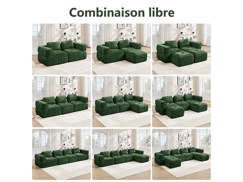 Sofá esquinero panorámico modular en tela, 3 plazas, con 2 puf, 271x162x67cm, Verde