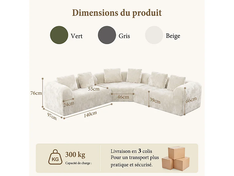 Canapé d'angle modulable en tissu chenille - Incurvé - avec 6 oreillers - 275x275x76cm - Beige