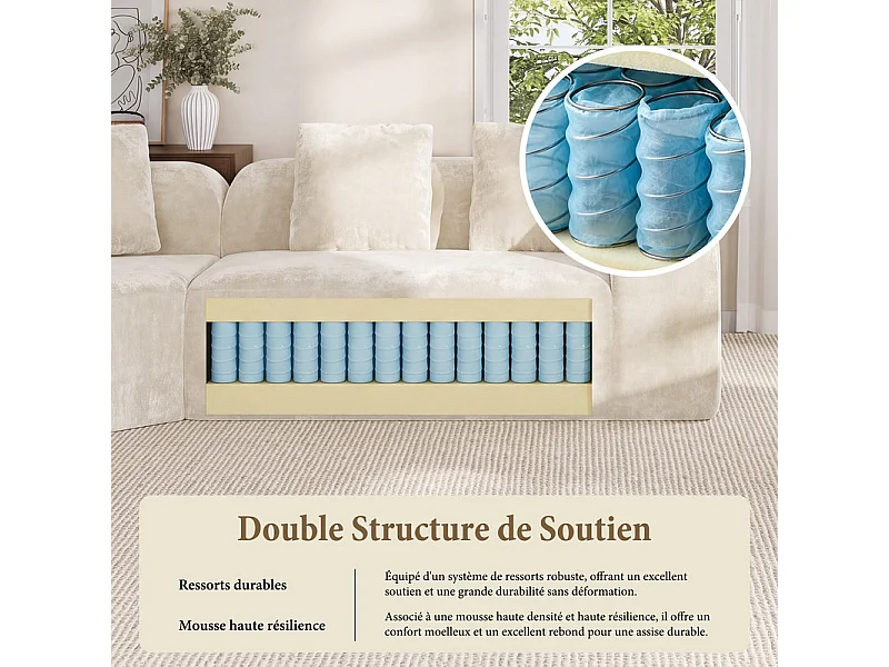 Canapé d'angle modulable en tissu chenille - Incurvé - avec 6 oreillers - 275x275x76cm - Beige