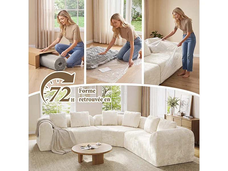 Canapé d'angle modulable en tissu chenille - Incurvé - avec 6 oreillers - 275x275x76cm - Beige