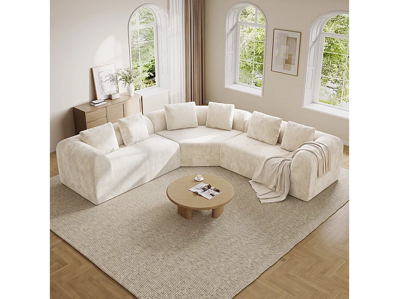 Canapé d'angle modulable en tissu chenille - Incurvé - avec 6 oreillers - 275x275x76cm - Beige