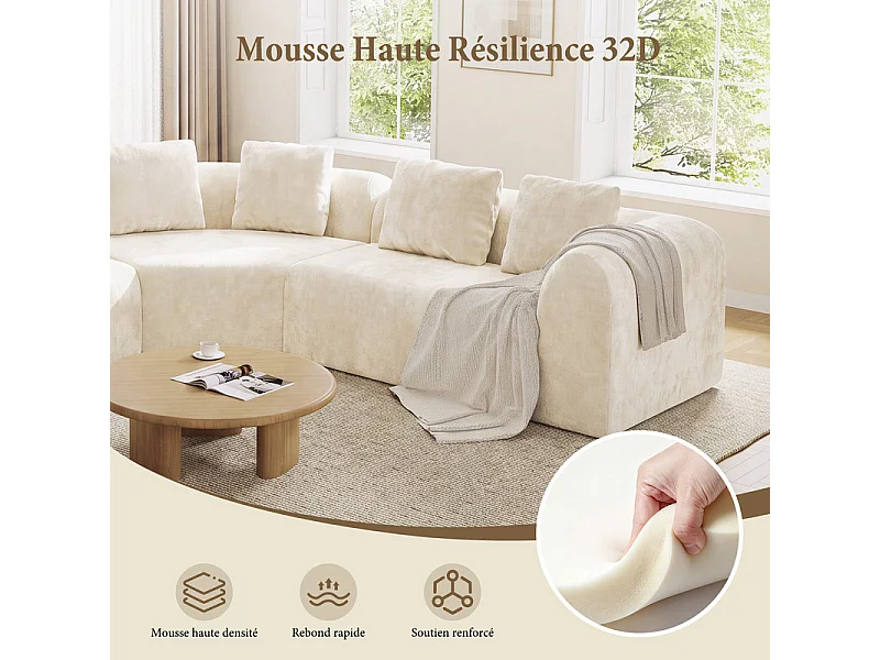 Canapé d'angle modulable en tissu chenille - Incurvé - avec 6 oreillers - 275x275x76cm - Beige