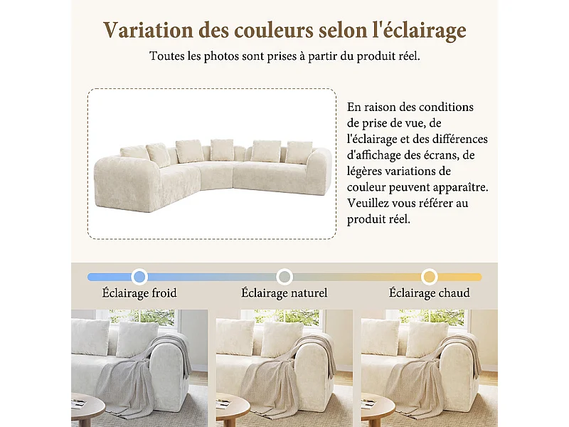 Canapé d'angle modulable en tissu chenille - Incurvé - avec 6 oreillers - 275x275x76cm - Beige