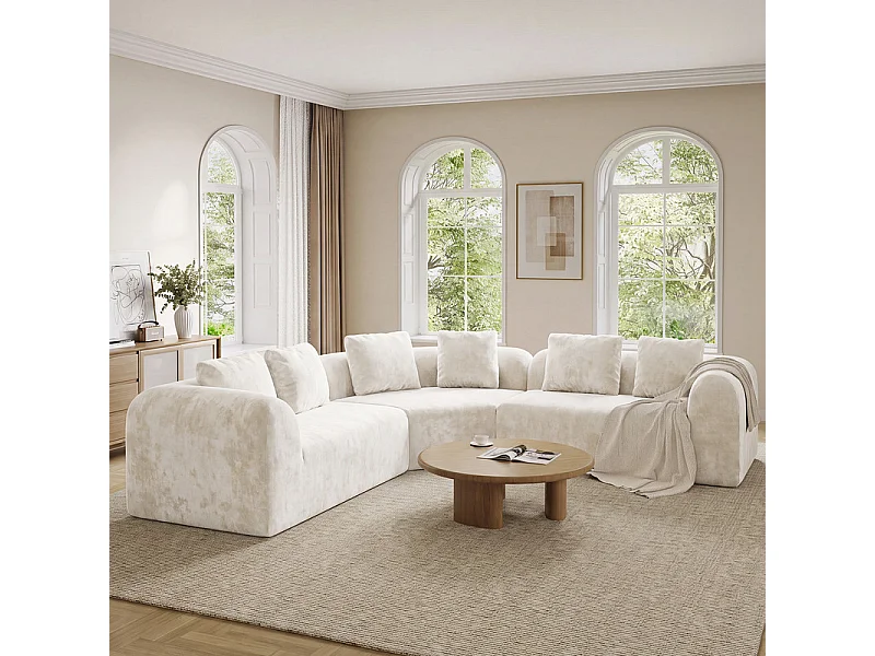 Canapé d'angle modulable en tissu chenille - Incurvé - avec 6 oreillers - 275x275x76cm - Beige