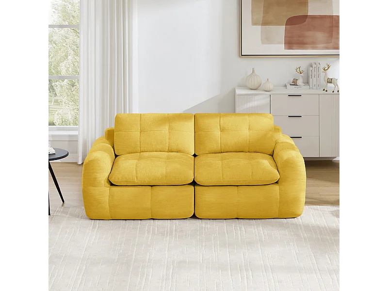 Modulaire 2-zits bank in gele chenillestof, met zitkussen en rugleuning, 194x97x68cm