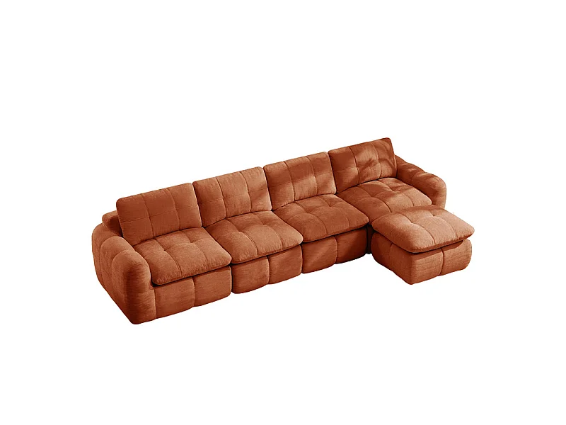 Sofá 4 plazas esquinero modular en tela chenilla, con puf, 334x160x68cm, Naranja