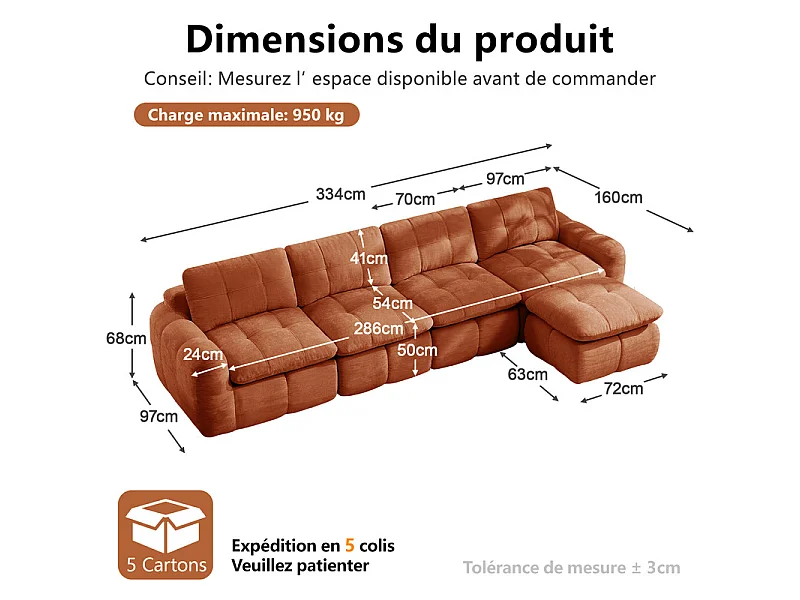 Sofá 4 plazas esquinero modular en tela chenilla, con puf, 334x160x68cm, Naranja