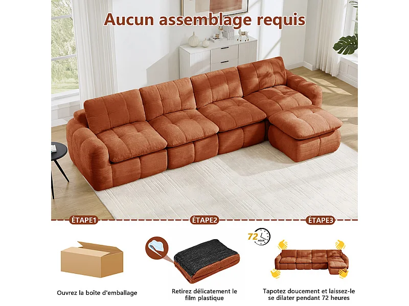 Sofá 4 plazas esquinero modular en tela chenilla, con puf, 334x160x68cm, Naranja