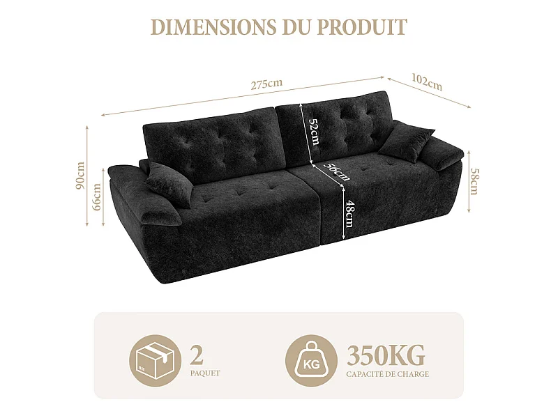 Canapé modulable en tissu chenille, 3/4 places, avec 2 oreillers, 275x102x90cm, Noir