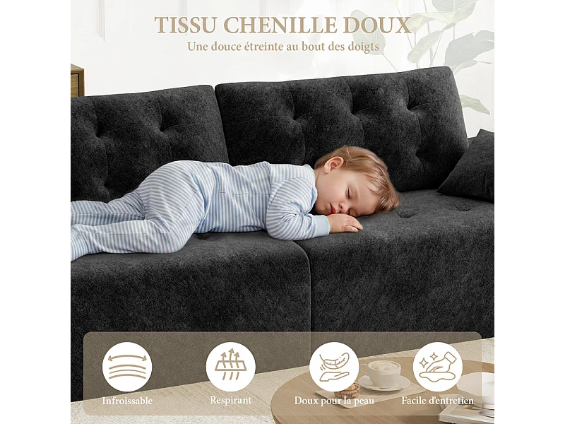 Canapé modulable en tissu chenille, 3/4 places, avec 2 oreillers, 275x102x90cm, Noir