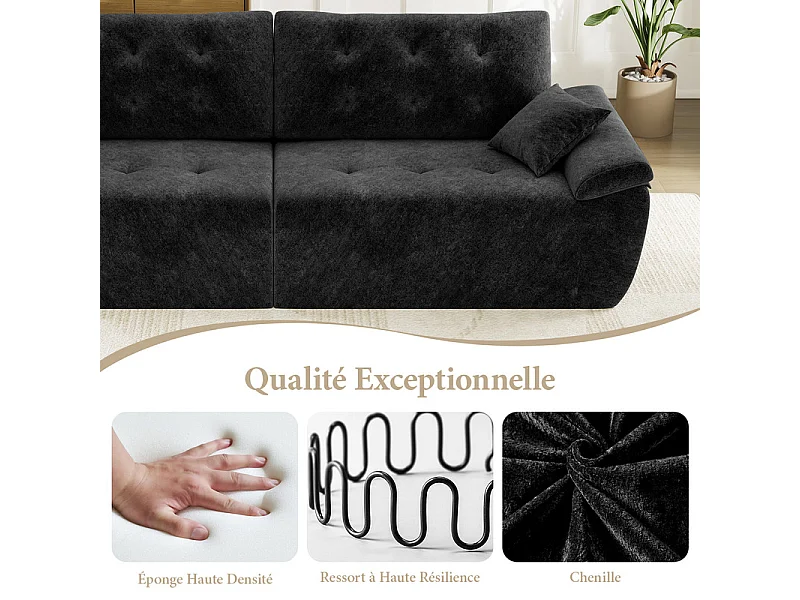 Canapé modulable en tissu chenille, 3/4 places, avec 2 oreillers, 275x102x90cm, Noir