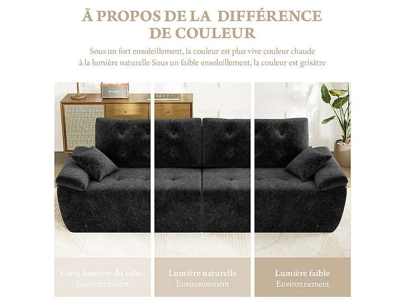 Canapé modulable en tissu chenille, 3/4 places, avec 2 oreillers, 275x102x90cm, Noir