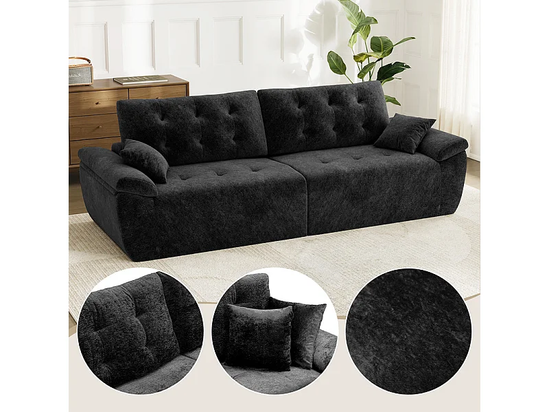 Canapé modulable en tissu chenille, 3/4 places, avec 2 oreillers, 275x102x90cm, Noir