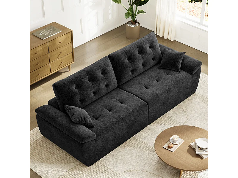 Canapé modulable en tissu chenille, 3/4 places, avec 2 oreillers, 275x102x90cm, Noir