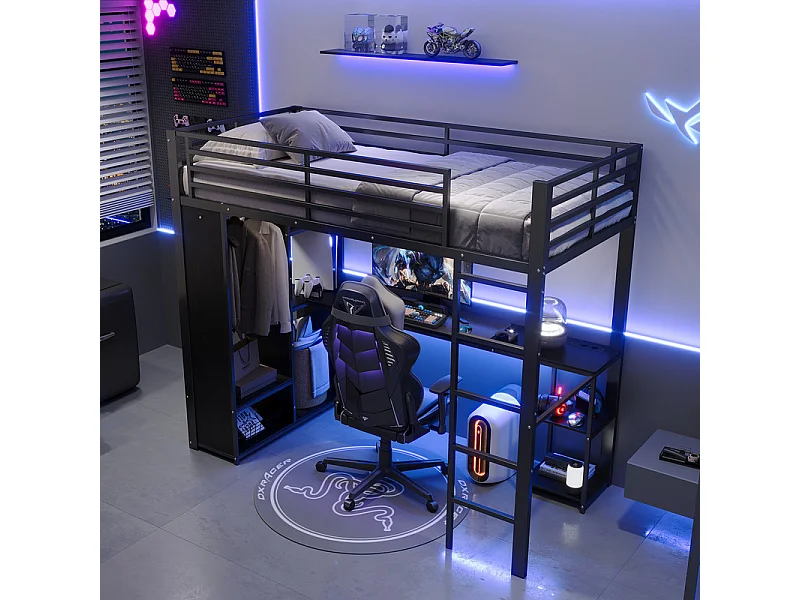 Lit mezzanine 90x200cm avec LED et bureau, armoire ouverte, double prise avec interface USB et Type-C