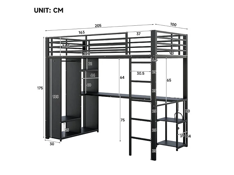 Lit mezzanine 90x200cm avec LED et bureau, armoire ouverte, double prise avec interface USB et Type-C