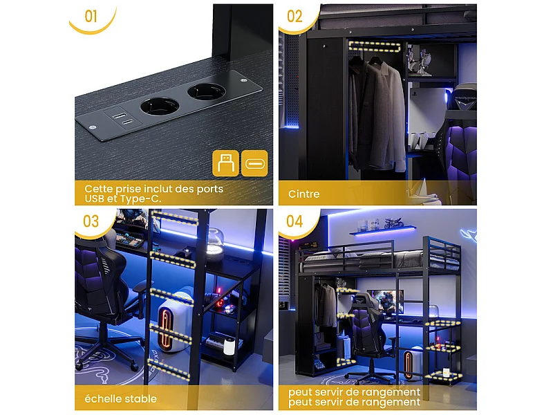 Lit mezzanine 90x200cm avec LED et bureau, armoire ouverte, double prise avec interface USB et Type-C