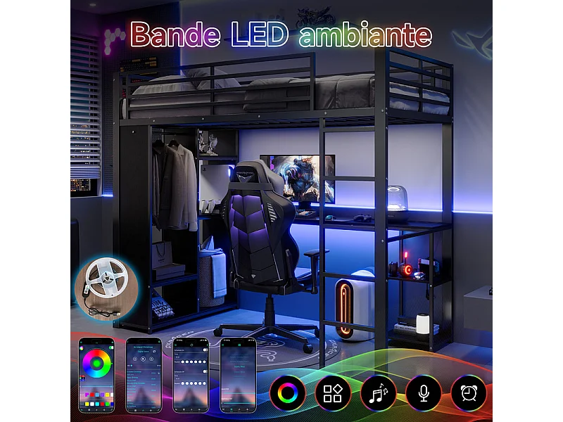 Lit mezzanine 90x200cm avec LED et bureau, armoire ouverte, double prise avec interface USB et Type-C