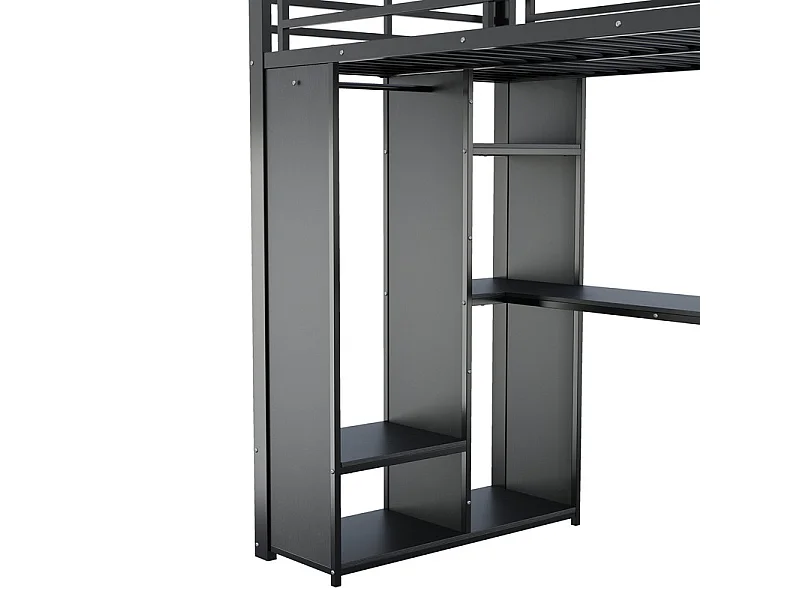 Lit mezzanine 90x200cm avec LED et bureau, armoire ouverte, double prise avec interface USB et Type-C