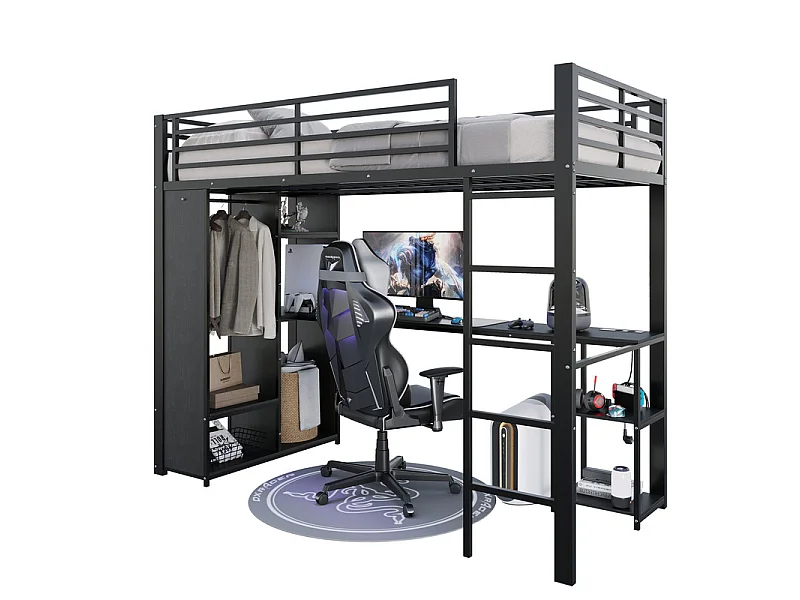 Lit mezzanine 90x200cm avec LED et bureau, armoire ouverte, double prise avec interface USB et Type-C
