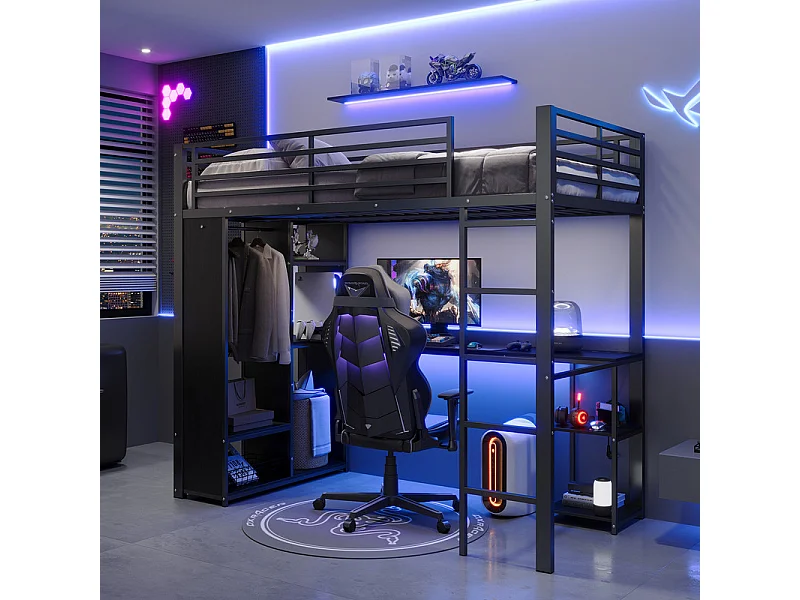 Lit mezzanine 90x200cm avec LED et bureau, armoire ouverte, double prise avec interface USB et Type-C