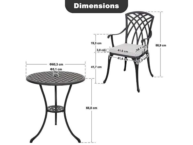 Avestar Ensemble bistro 3p alu moulé ext avec coussins