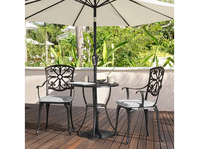 Ensemble bistro ext. 3p alu moulé avec coussins et trou parasol