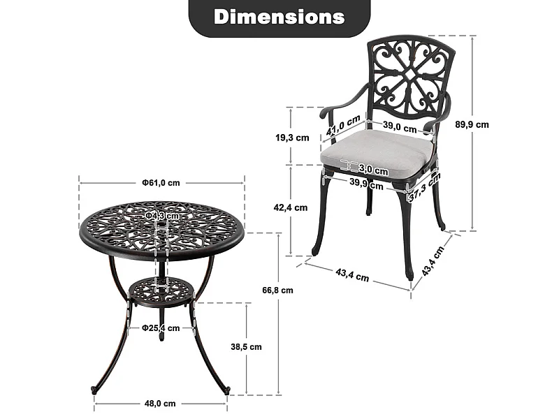 Ensemble bistro ext. 3p alu moulé avec coussins et trou parasol