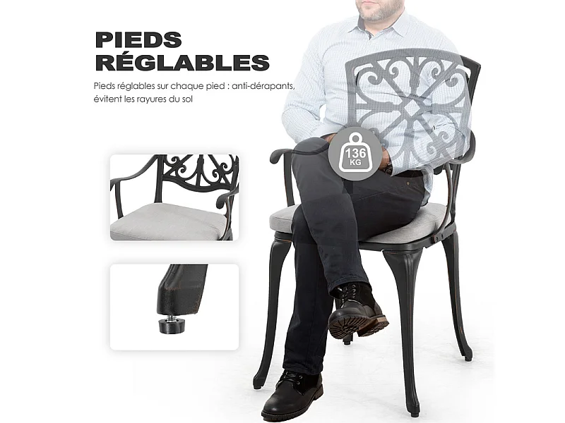 Ensemble bistro ext. 3p alu moulé avec coussins et trou parasol