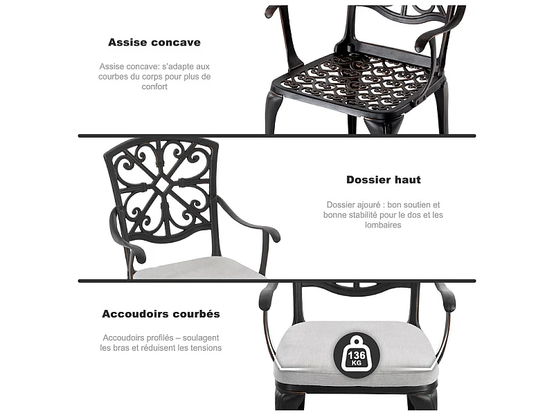 Ensemble bistro ext. 3p alu moulé avec coussins et trou parasol