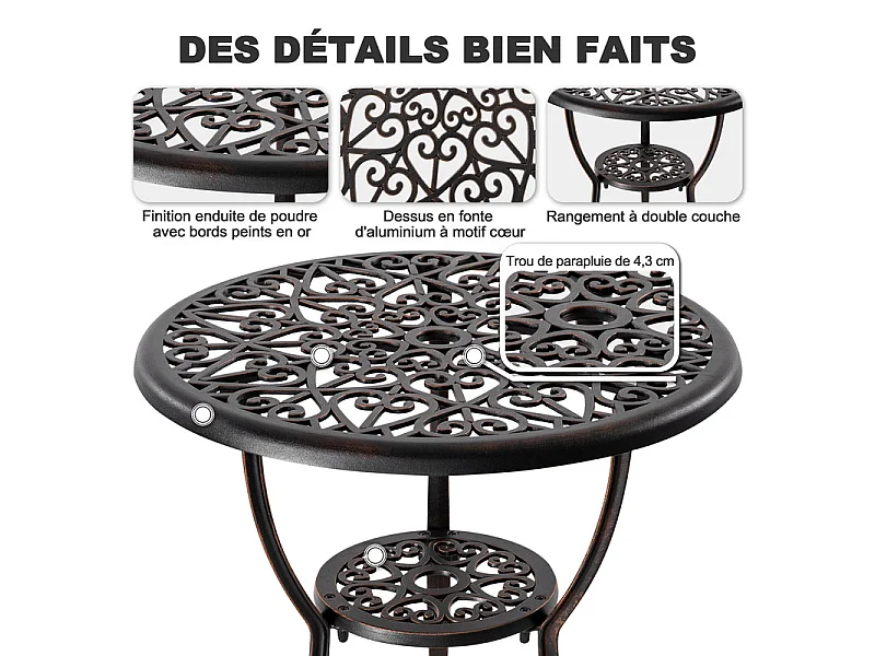 Ensemble bistro ext. 3p alu moulé avec coussins et trou parasol