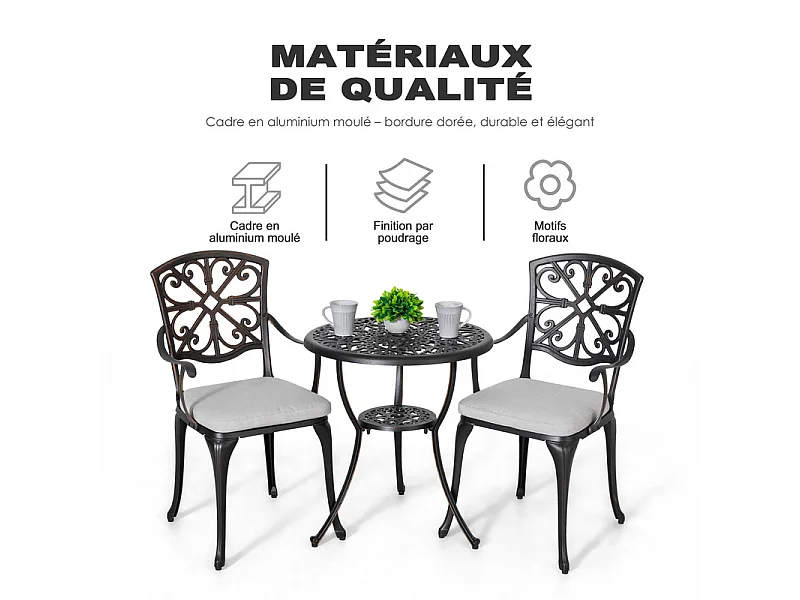 Ensemble bistro ext. 3p alu moulé avec coussins et trou parasol