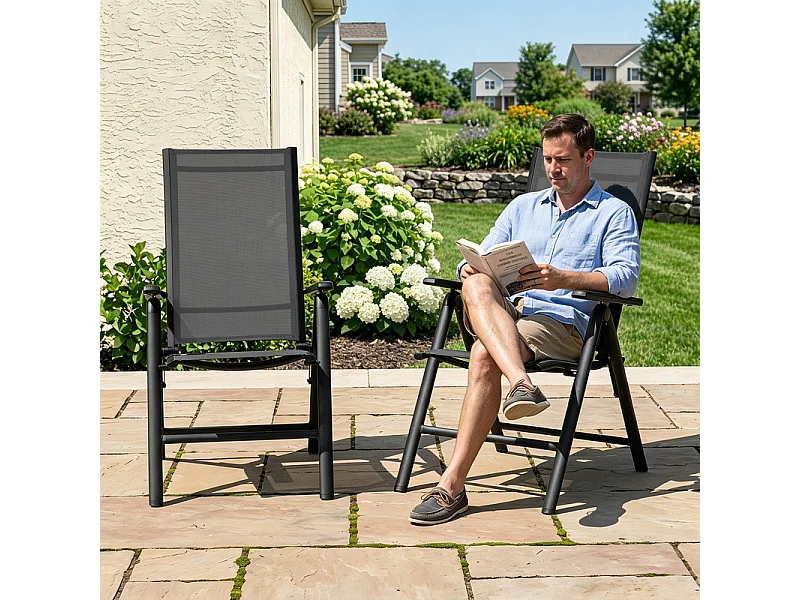 Lot de 2 chaises pliantes aluminium Textilène pour extérieur, dossier 7 positions