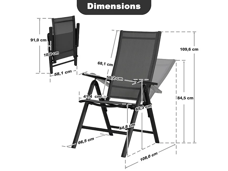 Lot de 2 chaises pliantes aluminium Textilène pour extérieur, dossier 7 positions